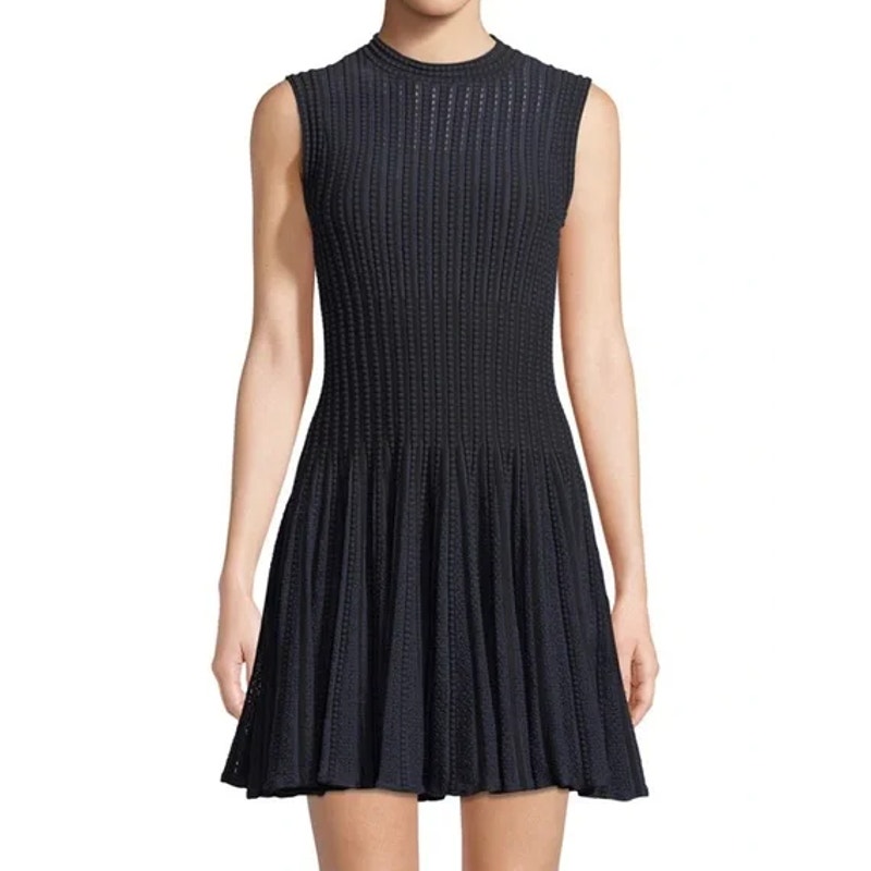Theory Novelty Checker Mini Dress Sleeveless Pleated Fit & Flare Open Knit Black